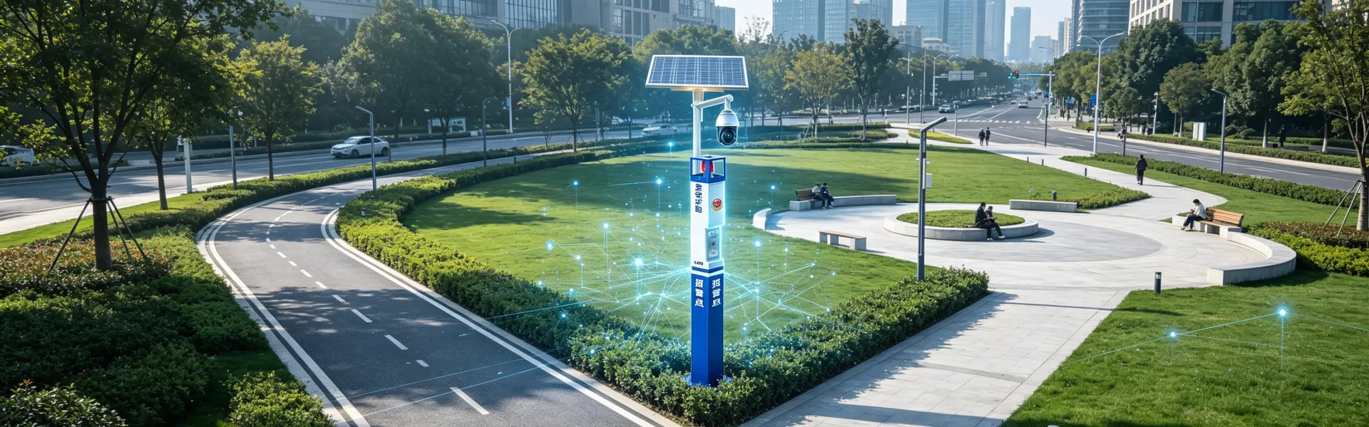 Solar‑powered SOS alarm pole with video intercom and one‑button call